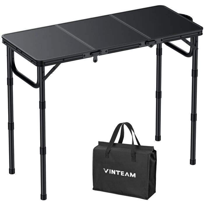 Складаний кемпінговий стіл VINTEAM 87x40 см 3 складні, регульована висота в 3 напрямках, алюмінієвий складаний стіл, балконний стіл, бічний столик, садовий стіл, легкий та портативний, ідеально підходить для кемпінгу, барбекю, пікніка та саду, МДФ