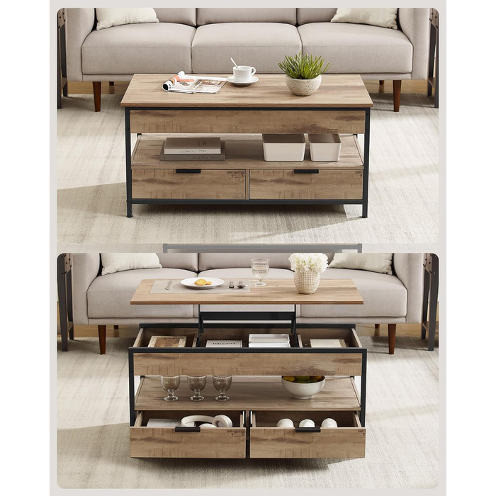 Журнальний столик VASAGLE, стіл для вітальні з регульованою висотою, журнальний столик, з шухлядами, відкритий відсік, 50 x 100 см, колір верблюжого коричневого кольору - чорнильний LCT209K02 63 см x 50 см x 100 см, колір верблюжого коричневого кольору чо