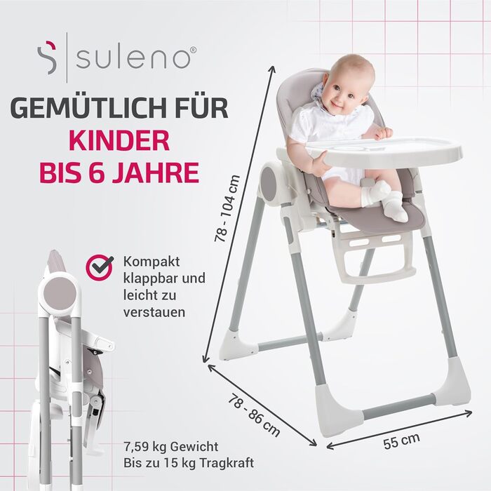 Сулено - стільчик для годування LOVIS, регульована підніжка та піднос, ремені безпеки та протиковзкий обмежувач, функція нахилу, к