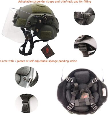 Тактичний шолом для страйкболу MICH 2000, військовий пейнтбол, з прозорим козирком, захисним щитком для обличчя, окулярами та бічною планкою, кріпленням для ПНВ, зеленого кольору