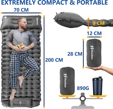 Надлегкий надувний килимок для кемпінгу з насосом для ніг для піших прогулянок на природі, пляжного відпочинку, намету, матраца, спального килимка, килимка для кемпінгу (сірого кольору), 10