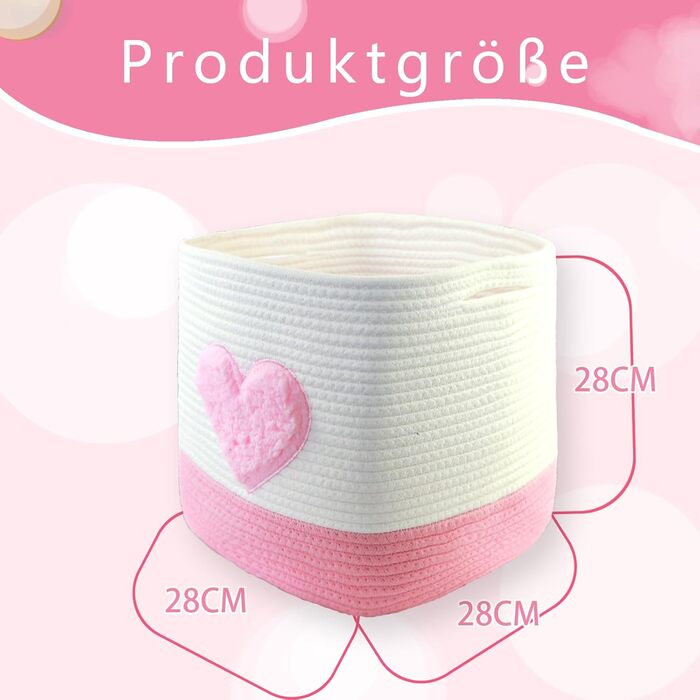 Кошик для зберігання, 28 x 28 x 28 см, квадратні плетені кошики з бавовняної мотузки, маленькі плетені кошики для сортування, для дитячих кімнат, офісів, декоративні. (Набір з 2 шт., Рожеве серце) Набір з 2 Рожевих сердець