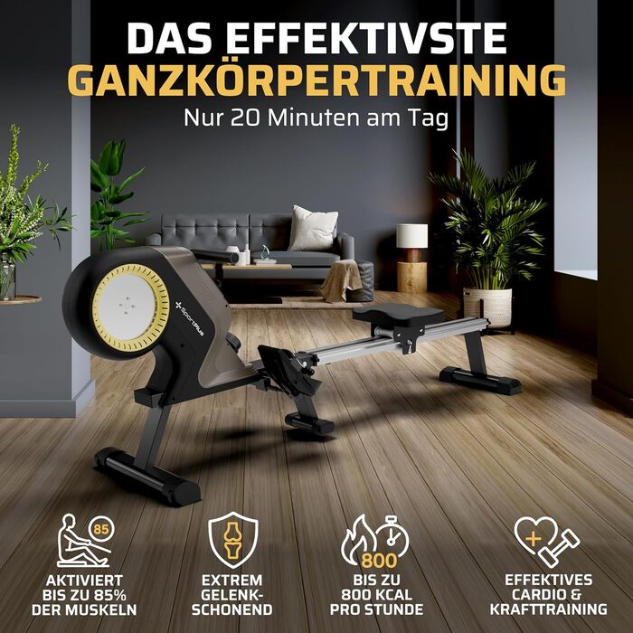 Складаний гребний тренажер SportPlus для домашнього використання - домашній тренажер з 8 рівнями опору - тиха магнітна гальмівна система, чорний/сонячний (новий дизайн)