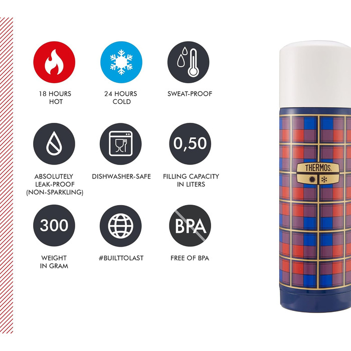 Пляшка для напоїв THERMOS REVIVAL 0,50 л, ретро-синій колір, термос з нержавіючої сталі, червона ізольована пляшка з чашкою для пиття, зберігає напої гарячими 18 годин / холодними 24 години, можна мити в посудомийній машині, герметична, без BPA, синій кол