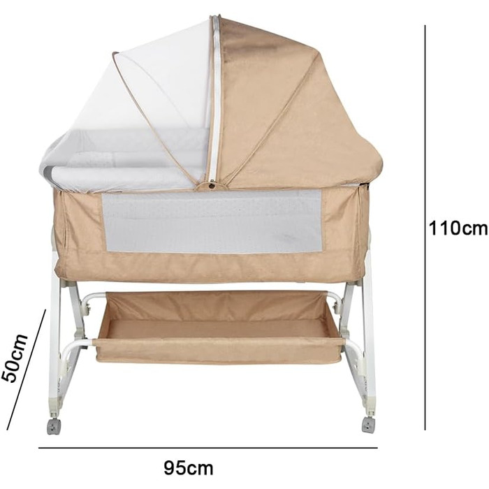Дитяче ліжечко OHMG Side-by-Side, дитяче ліжко, дитяча колиска, дитяче ліжко 3 в 1 для новонароджених, ліжко-гойдалка для дому та подорожей з колесами, регульована висота 6 рівнів (95 * 50 * 98-110 см (бежево-білий)) 95*50*98-110 см (бежево-білий)