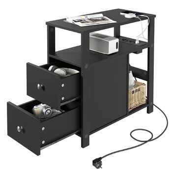 Журнальний столик WOLTU з розеткою, тумбочка з функцією заряджання, вузький диван-столик, з 2 шухлядами, 2 полицями, 1 відділенням, для вітальні/спальні, 60x60x30 см, чорний, BTS28sz