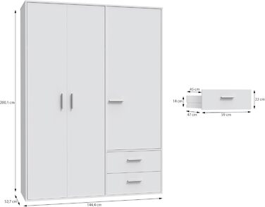 Шафа 140 150, біла шафа, шафа з орними дверима, 3 двері, з 2 шухлядами та полицями, біла, 145 см завширшки x 53 см завглибшки x 200 см заввишки. Біла 145 x 200 x 53 см, 3 двері