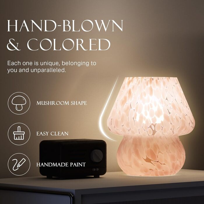 Приліжкова лампа &quotГриб&quot, світлодіодна настільна лампа з регульованою яскравістю, декоративні настільні лампи для вітальні/спальні, керамічна основа, скло, маленький нічник (трояндовий), ніжно-рожевий
