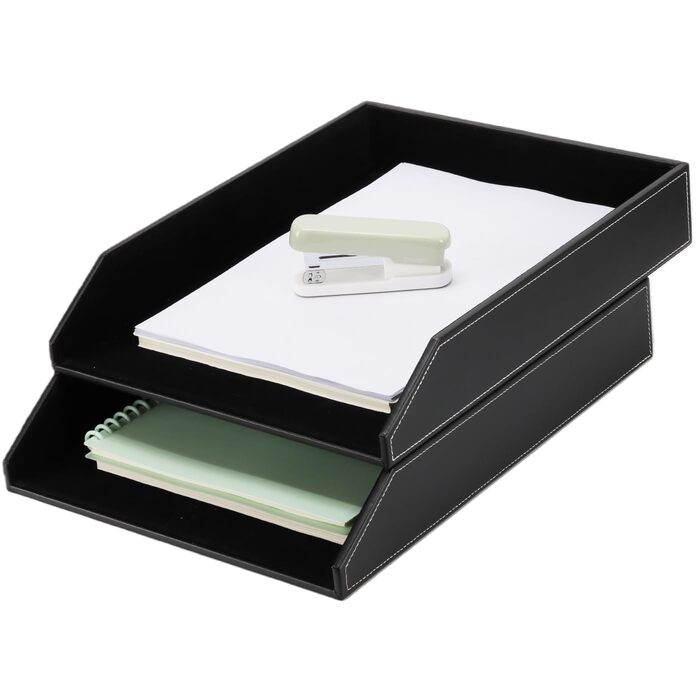 Штабелювані шкіряні лотки для документів, штабелювані лотки для листів формату А4, комплект з 2 шт. , для офісу, дому та школи, чорні.