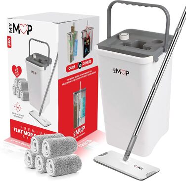 Набір з плоскої швабри та відра, 3-камерна система очищення, розділяє чисту та брудну воду, головка, що обертається на 360, 5 воло