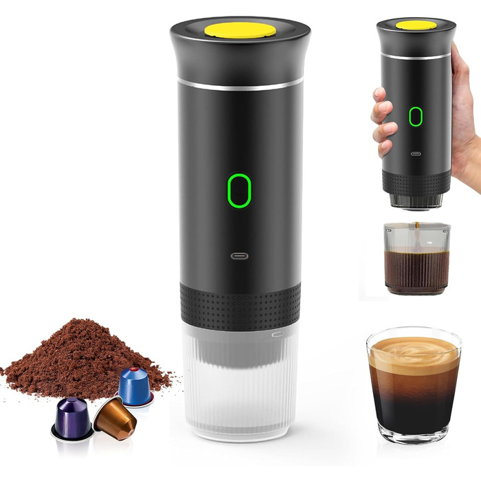 Чорний), 12V Coffee Machine, Self-Heating with USB-C, for Camping Travel (