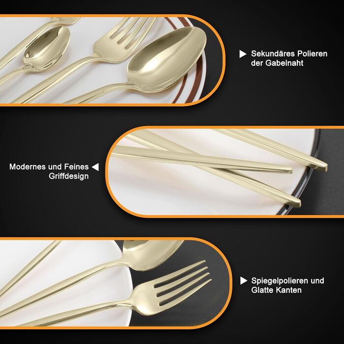 Набір столових приборів на 12 осіб, 60 предметів, колір шампанське золото, ніж з нержавіючої сталі, виделка, ложка, полірований набір столових приборів з високим глянцем, блискучі столові прибори, можна мити в посудомийній машині, колір шампанське на 60 п