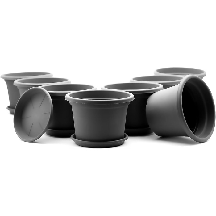 Набір з 8 круглих квіткових горщиків з блюдцями BigDean, ø 25 см, антрацит всепогодні кашпо, зроблені в Європі, антрацит, ø 25 см