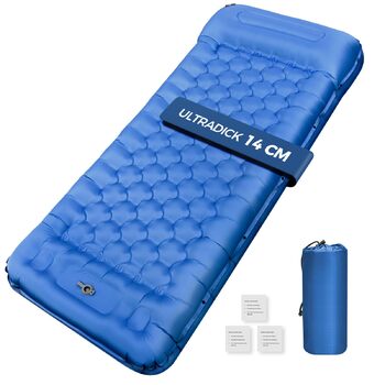 Килимок для сну NAPASA, потовщений надувний матрац 14 см із вбудованим насосом для ніг та подушкою, водонепроникний, килимок для сну з антипіреновим покриттям для походів, пляжу, подорожей, намету (синій) 3 шт. нашивки - синій