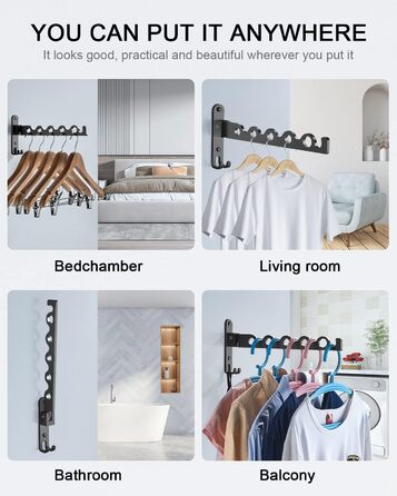 Настінна вішалка Складана, вішалка для одягу Вішалка гачок Алюмінієва для пральні Ванна кімната Ванна кімната Балкон (Чорна, 1) Чо