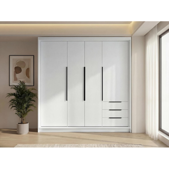 Шафа 4-дверна з 3 шухлядами 200 x 215 см Шафа з відкидними дверима, рейкою для одягу та полицями Білий/Білий/Сірий