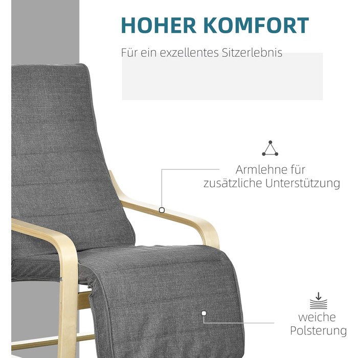 Крісло HOMCOM для вітальні, крісло-реклайнер з підлокітниками з березового дерева, регульована підставка для ніг у 5 положеннях, крісло для читання з лляним виглядом, м&39яке крісло для спальні, сірий колір