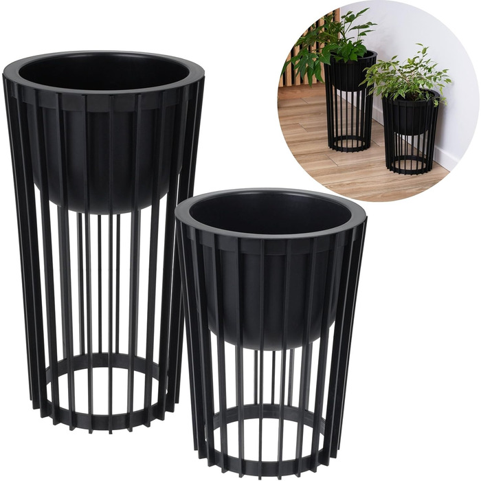 Комплект підставок для квітів Ø 30 см x В 40 см та 54 см Підставка для рослин виготовлена з міцного пластику, використовується з обох боків Квітковий стілець для використання в приміщенні та на вулиці Сучасний та практичний столик для рослин Чорний 30 см 
