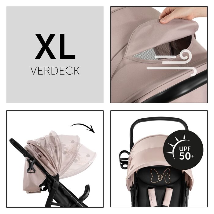 Для дітей від народження до 22 кг з функцією нахилу, гумові шини, підсклянник, UPF 50, маленька складна, XL кошик до 3 кг (Minnie