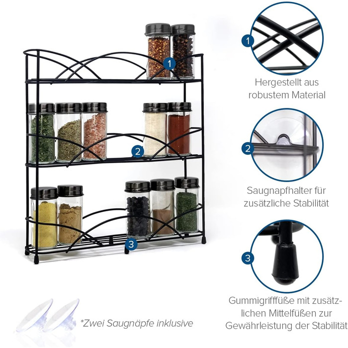 Підставка для спецій Joeji&39s Kitchen Standing Spice Organiser - Для банок зі спеціями та травами - Вміщує до 21 банки зі спеціями - У комплекті 2 присоски для стійкості - Не потрібно свердлити - Підставка для спецій (чорна)