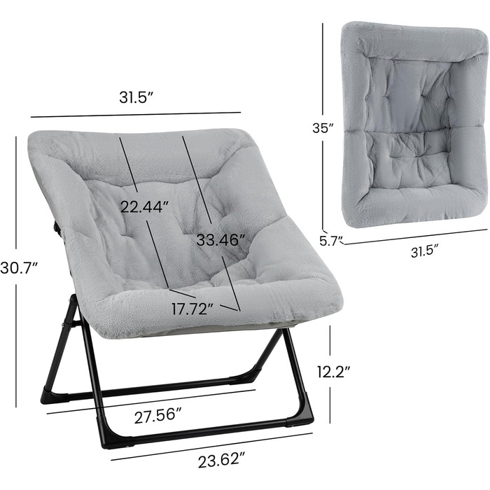 Розкладне крісло-блюдце, зручне крісло зі штучним хутром, розкладне крісло для відпочинку для підлітків та дорослих, великі крісла для читання у вітальні, спальні, гуртожитку, сірий