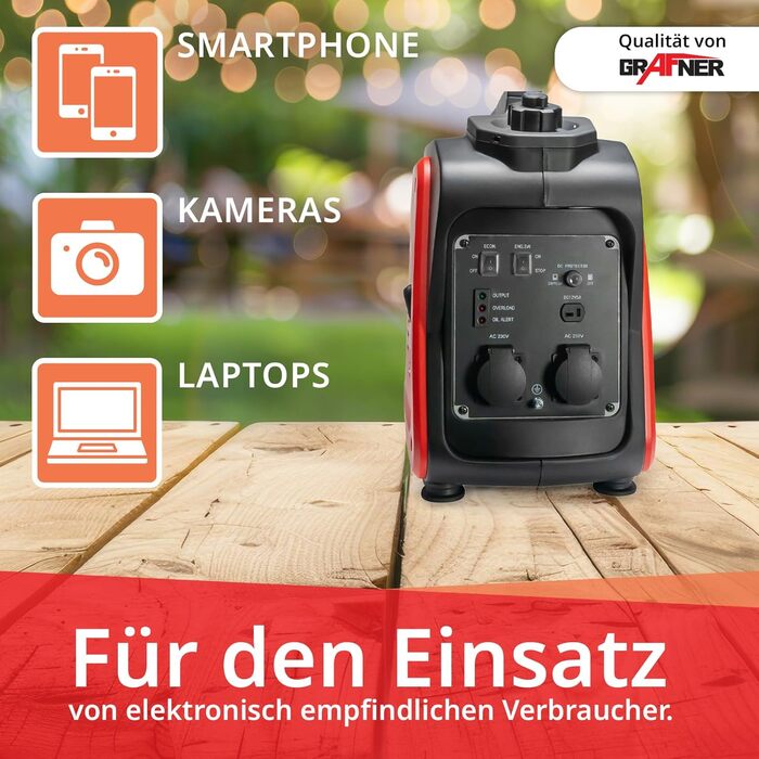 Інверторний генератор Grafner потужністю 2200 Вт (2 кВт безперервної потужності), бензиновий 4-тактний, 2 шт. 230 В, інверторна технологія для чутливих пристроїв, легкий та міцний, цифровий бензиновий генератор з аварійним живленням