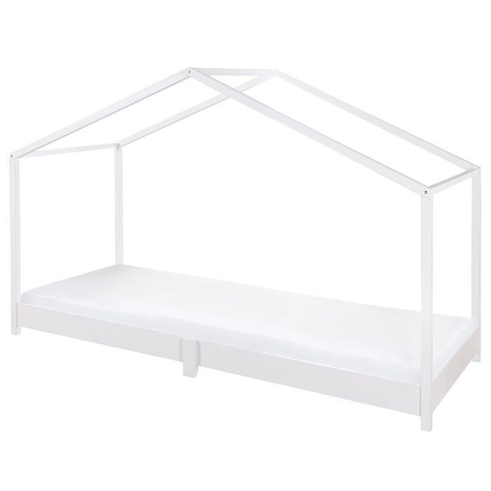 Дитяче ліжко roba House 90 x 200 см - Підлогове ліжко за принципами Монтессорі - Розсувне з рейковим каркасом, матрацом та покривалом для ліжка House - Ліжко з білого лакованого дерева 90 x 200 см продається окремо