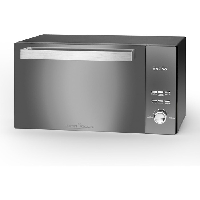 Мікрохвильова піч ProfiCook з грилем Мікрохвильова піч з великою варильною камерою на 23 літри Мікрохвильова піч без поворотного столу Мікрохвильова піч 1000 Вт Потужність гриля Двері дзеркала з вертикальним відкриванням PC-MWG 1204 чорний