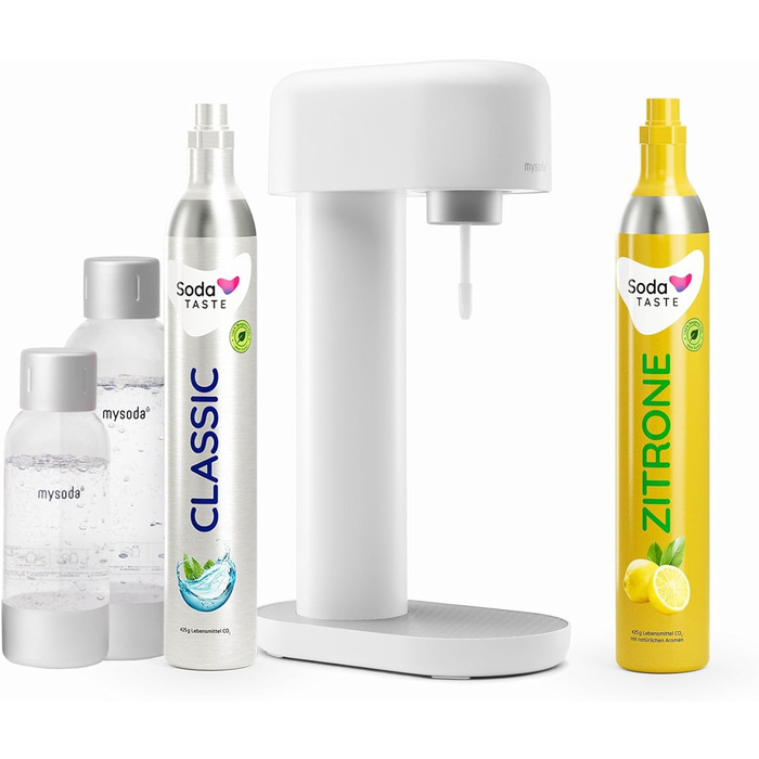 Економ пакет Mysoda Ruby - алюмінієвий виробник газованої води з пластиковою пляшкою об'ємом 1 л і 0,5 л без бісфенолу А, циліндр CO2 Classic циліндр CO2 Lemon (білий)
