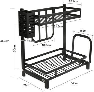 Постійна полиця для спецій OHMG, 3-рівнева кухонна полиця для банок зі спеціями, органайзер для кухонної стільниці, металевий органайзер для зберігання на робочій поверхні з тримачем для посуду, тримачем для обробної дошки (34*21*41,7 см (2 шари))