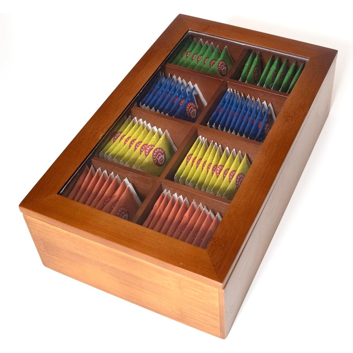 Бамбукова чайна коробка з 8 відділеннями, органайзер для зберігання, органайзер для чаю, чайні коробки для чайних пакетиків, органайзер для чайних пакетиків із магнітною застібкою, зберігання чайних пакетиків, чайна комора