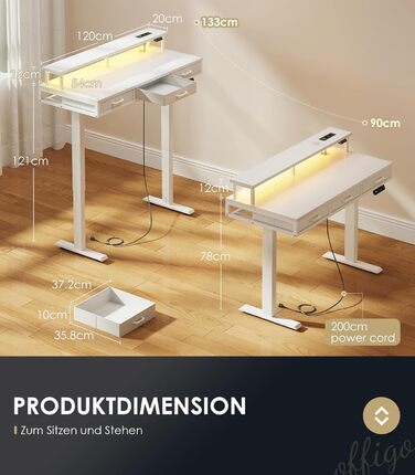 Електричний письмовий стіл OffiGo з шухлядами, стіл з регульованою висотою 120 см та підставкою для монітора, стіл для роботи стоячи з розетками та світловою стрічкою, офісний стіл з регульованою висотою, білий 120 x 54 см