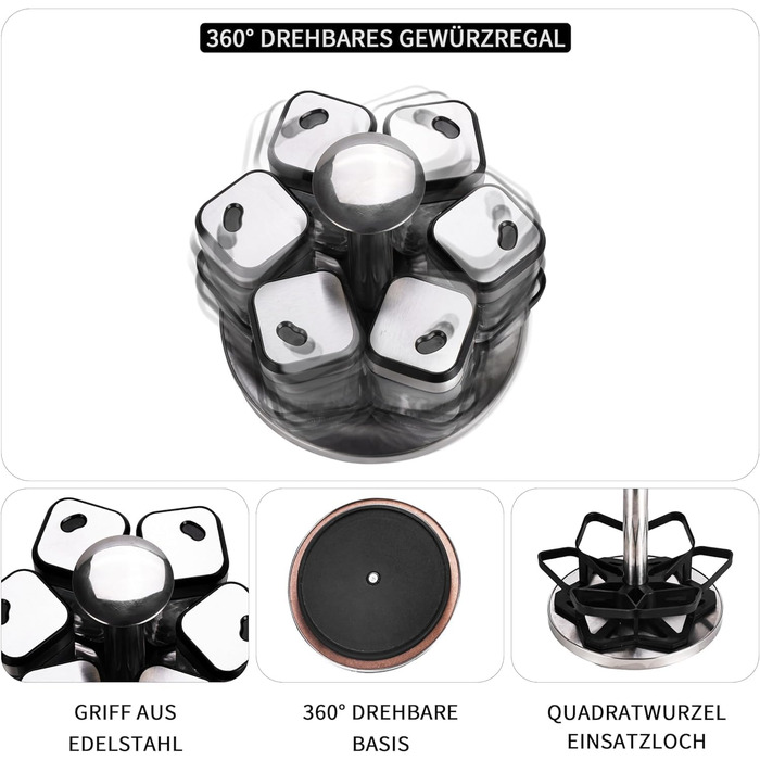 Карусель для спецій, що обертається на 360, органайзер для спецій з 6 баночками для спецій об&39ємом 120 мл, регулювання розміру на 360, ніжна підставка для спецій з нержавіючої сталі, зберігання основних спецій для початківців-кухарів, один шар - 6 баноч