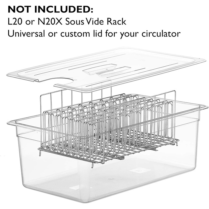 Контейнер LIPAVI C20 sous-vide - 25 літрів, 53,3 х 32,5 х В20,3 см. Міцний, прозорий полікарбонат. Відповідні кришки для Ano*a, Wancle та інших брендів продаються окремо. Підходить для рами L20