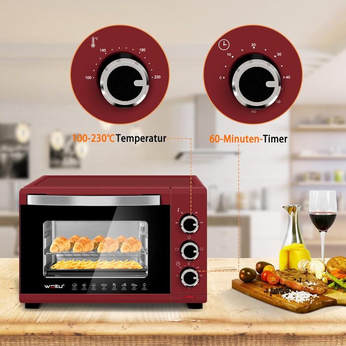 Міні-піч WOLTU 21 л, електрична міні-піч, міні-піч, піч для піци, 1280 Вт, 100-230 C, таймер 60 хв., верхній/нижній нагрів, подвійне скло, червоний, BF15rt