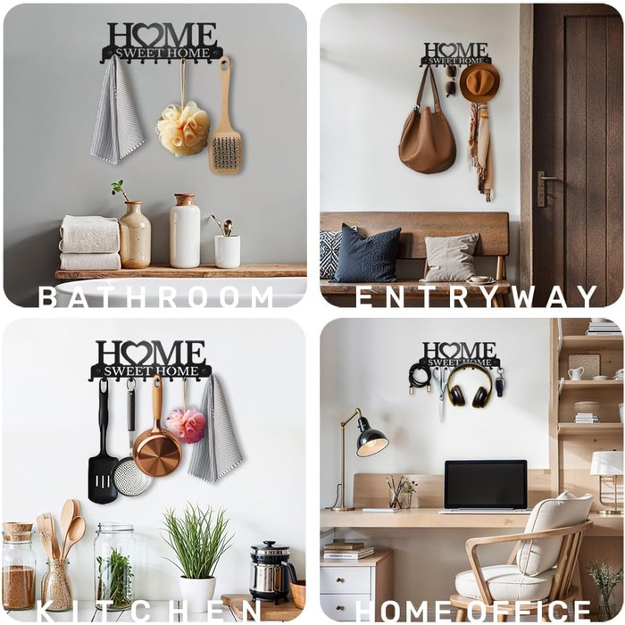 Дошка для ключів сучасна, тримач для ключів настінний, гачок для ключів home sweet home, дошка для ключів чорна з 10 гачками, збер
