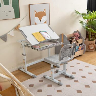 Дитяча парта COSTWAY, регульована по висоті дитяча парта з відкидною стільницею та шухлядою, багатофункціональна парта зі стільцем