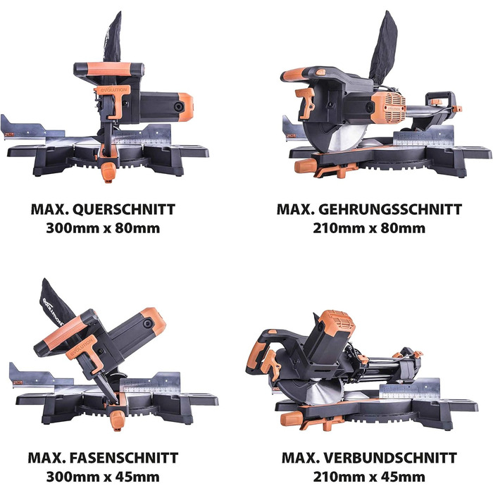 Розсувна торцювальна пила Evolution R255SMS 2000 Вт, функція розсування на 300 мм, різання під кутом, різання під кутом Пиляльне полотно TCT Ø 255 мм для різання різних матеріалів Розсувна торцювальна пила R255-SMS