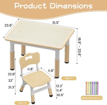 Дитячий стіл з 4 стільцями, серветками та дитячим стільцем для дитячого садка, регульований по висоті, з гравітаційною плитою та нековзною подушкою кольору дерева
