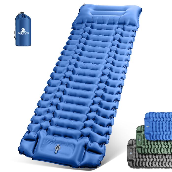 Килимок для сну для кемпінгу, надлегкий надувний кемпінговий матрац з ножним насосом та подушкою, складний водонепроникний надувний матрац, килимок для сну з антиріпстопним покриттям для походів, пляжний, для використання на свіжому повітрі, темно-синій
