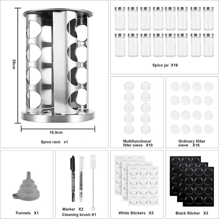 Кругла підставка для спецій Miorkly з 16 круглими банками для спецій, карусель для спецій з нержавіючої сталі, що обертається на 360, органайзер для спецій, стійка для спецій, контейнери для спецій зі вставкою-шейкером, банки для спецій, ярлики, лійка, ма