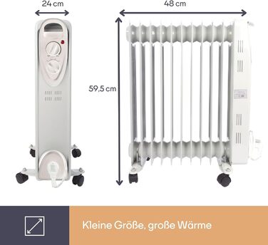 Масляний радіатор Perel потужністю 2500 Вт з 11 ребрами, 3 режимами нагріву, регульованим термостатом, ручкою, колесами, захистом від перегріву та перекидання, тихий та енергоефективний радіатор для великих приміщень площею до 30 м, 2500 Вт (стандарт)