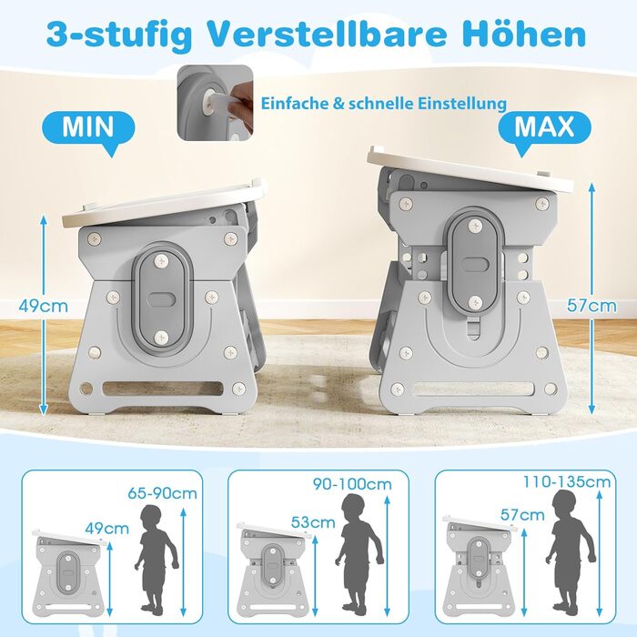 Дитячий стіл та стілець з регульованою висотою, дошкою для малювання та відділенням для зберігання, художній стіл/стіл для учнів з нековзними ніжками, для дітей від 3 років (сірий)