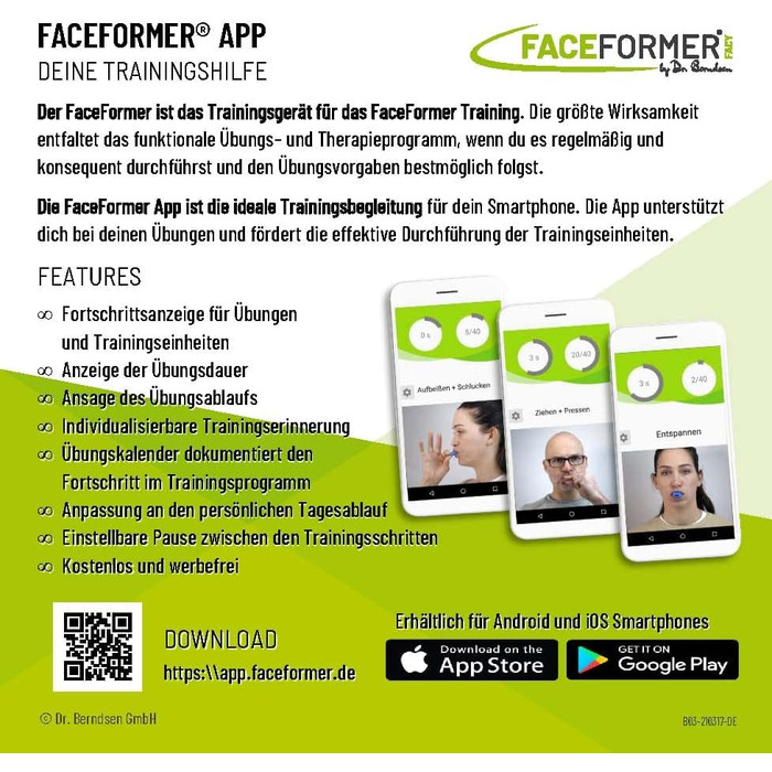 Безкоштовний тренувальний додаток - Причинно ефективний при хропінні, апное сну, розладах сну, ЦМД, скреготінні зубами, болях у щелепі та шиї - Оригінал доктора Берндсена Шварца