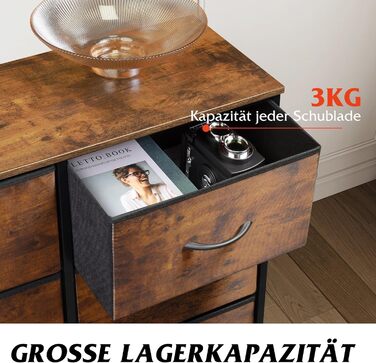 Комод WLIVE з 6 тканинними шухлядами, комод для спальні, комод для вітальні, з міцним сталевим каркасом, дерев&39яна стільниця, вінтажний коричнево-чорний