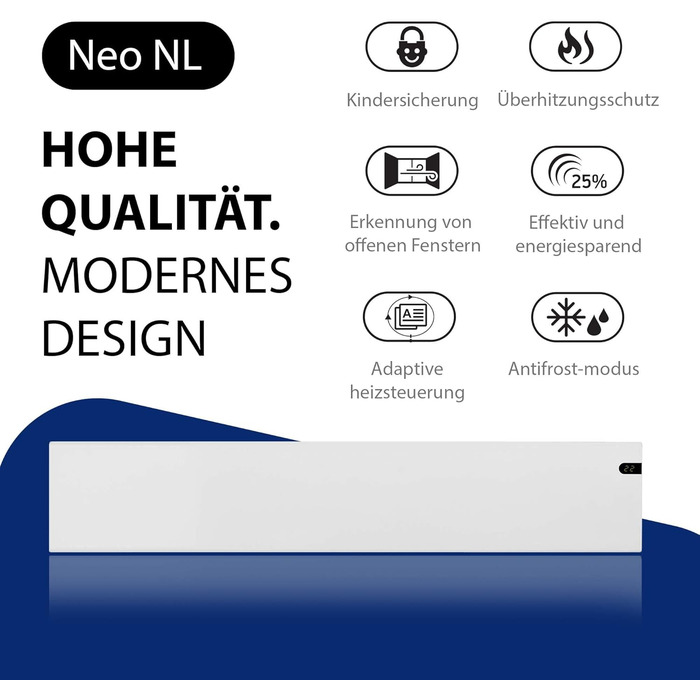 Електричний радіатор - 1000 Вт, білий Термостат з таймером, тижневий режим Електричний обігрівач Настінний конвектор Настінний електричний обігрівач Електричний радіатор, 200 мм, KDT IP20
