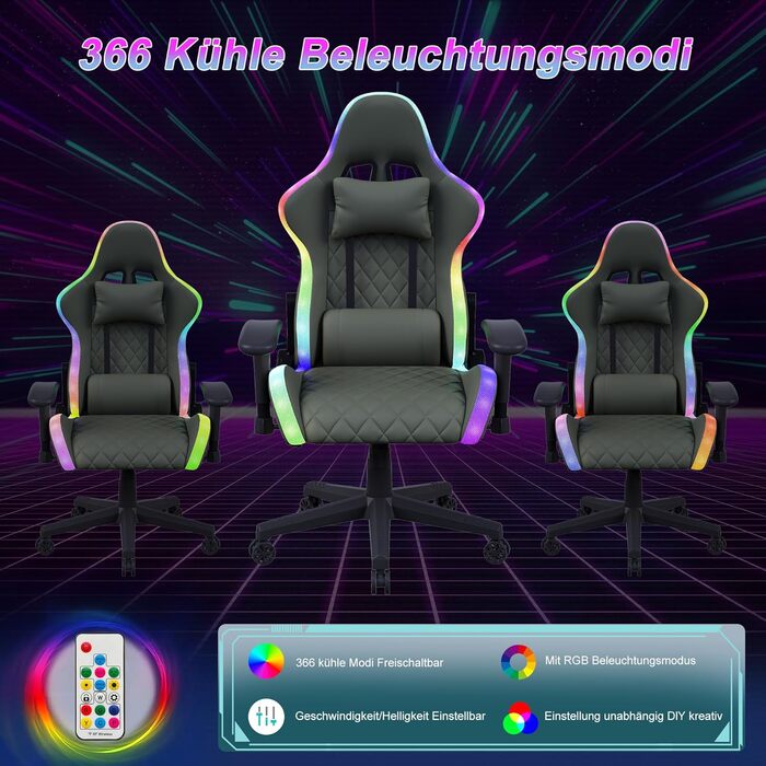 Ергономічне ігрове крісло для комп&39ютера з U-подібною подушкою для підтримки шиї, ігрове крісло зі світлодіодним підсвічуванням, функцією масажу попереку, регулювання висоти, сірий колір