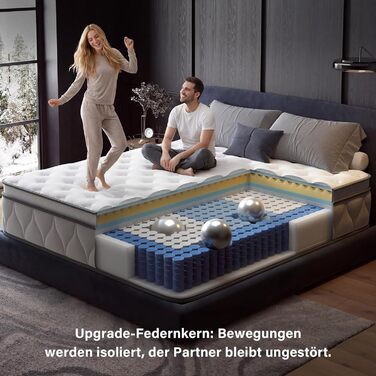 Матрац 140x200 см, висота 26 см, 7-зонний пружинний матрац, рівень жорсткості H3, гібридний матрац з 1000 пружинами та піною з ефектом пам&39яті, підтримка спини, ізоляція руху, зняття тиску, дихаючий 140 x 200 см