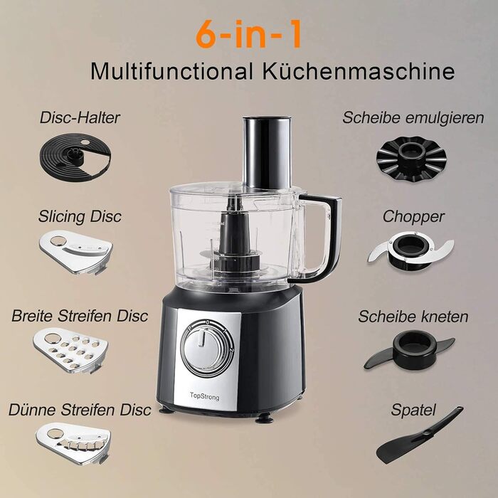 Кухонний комбайн TopStrong, подрібнювач кухонного комбайна 800 Вт, кухонний комбайн 2 л, мультиподрібнювач, компактний кухонний комбайн з 3 ріжучими дисками, подрібнювач, тістомісильна машина для збивання, вінчик чорний і сріблястий