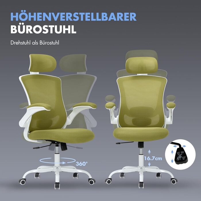 Офісне крісло COLAMY Mesh, комп&39ютерне крісло з регульованим підголівником та поперековою опорою, ергономічне робоче крісло з відкидними підлокітниками, функція нахилу 140, зелений класичний колір